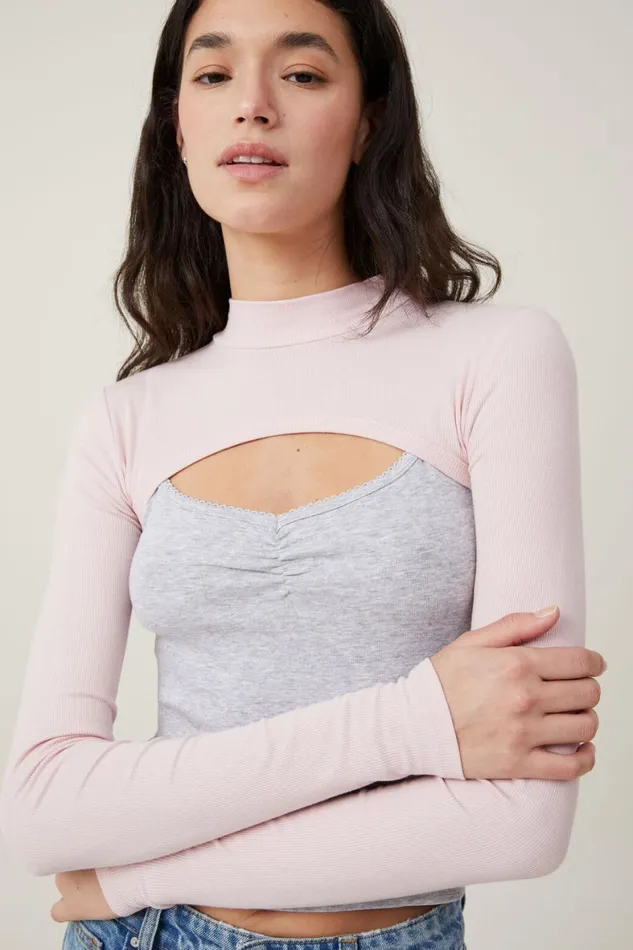 Women Tops Cotton On Staple Mock Neck Shrug Chalk Pink