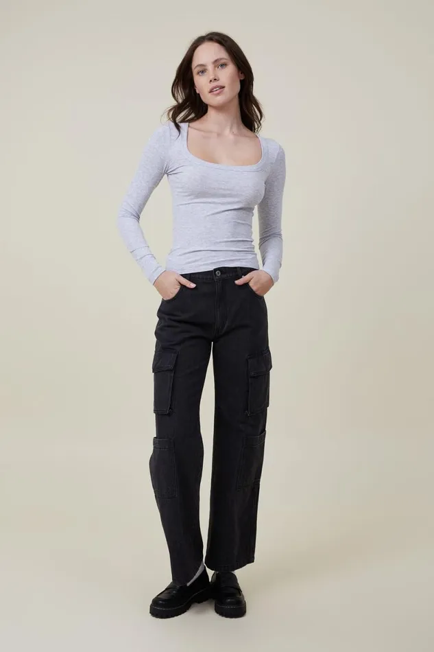 Women Tops Cotton On Staple Rib Scoop Neck Long Sleeve Top Grey Marle