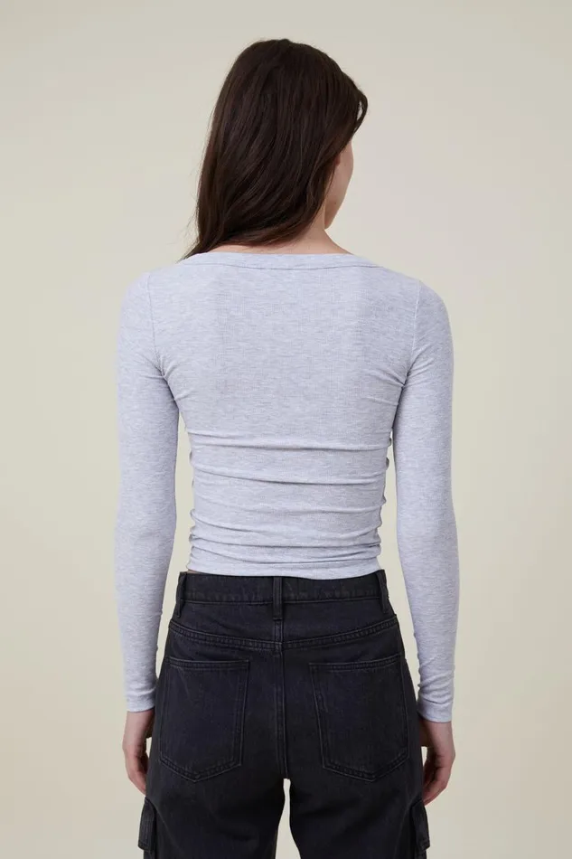 Women Tops Cotton On Staple Rib Scoop Neck Long Sleeve Top Grey Marle