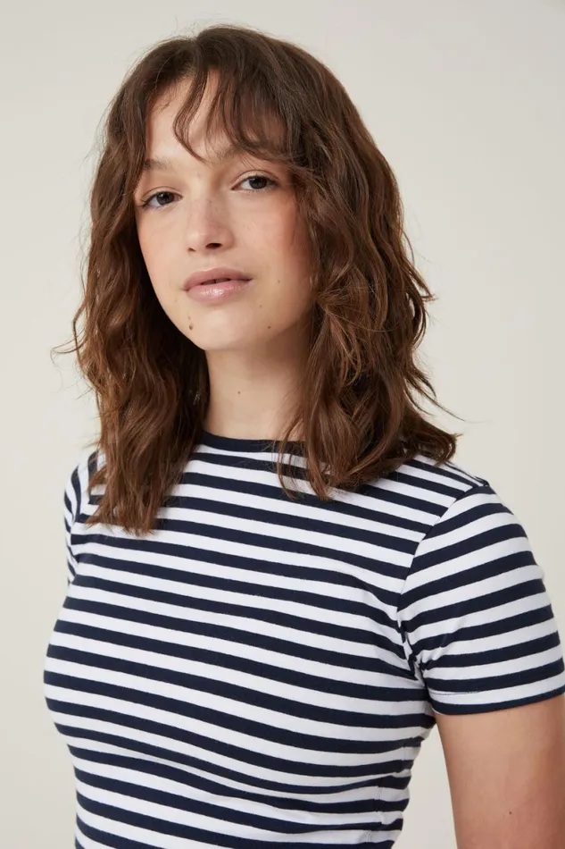 Women Tops Cotton On The One Basic Crew Neck Short Sleeve Cara Stripe Whiteink Navy