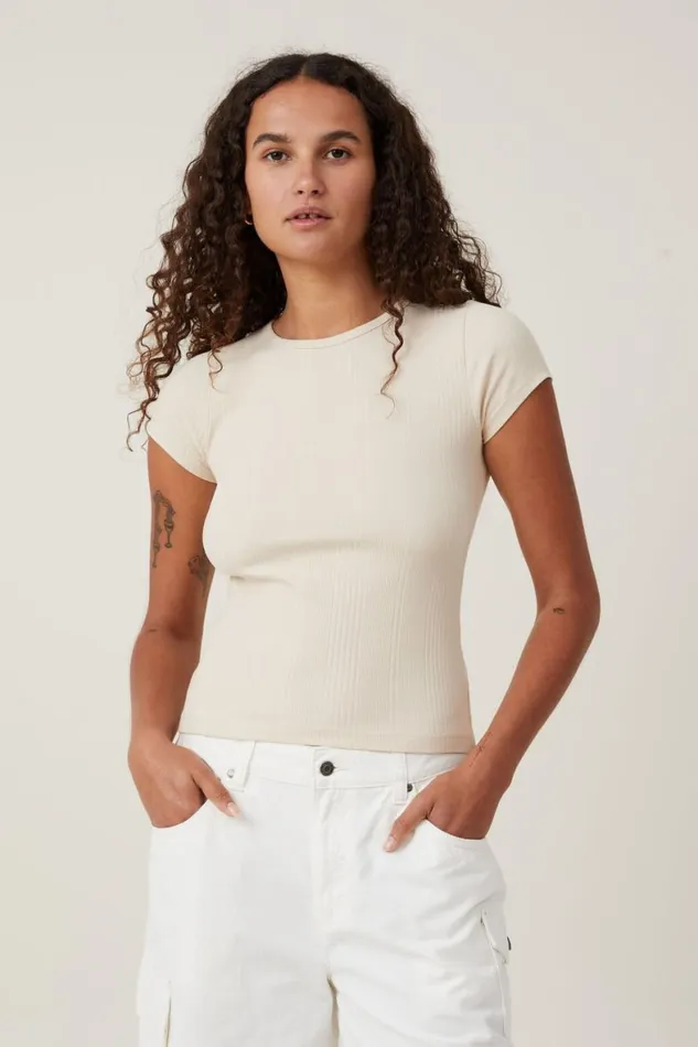 Women Tops Cotton On The One Organic Variegated Rib Crew Short Sleeve T Stone