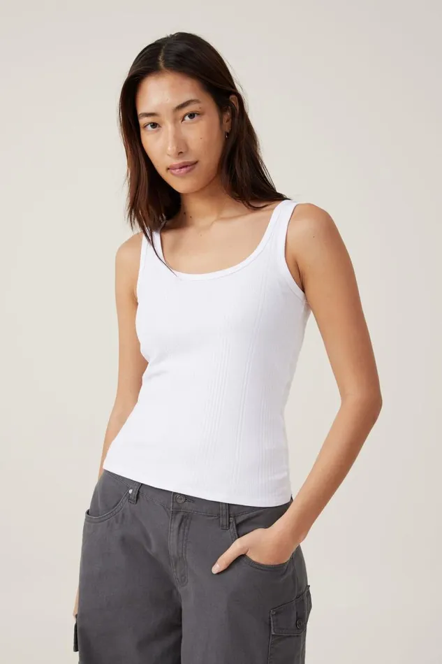 Women Tops Cotton On The One Organic Variegated Rib Scoop Neck Tank White