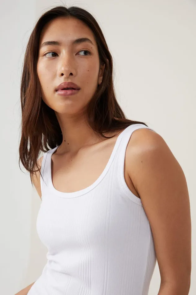 Women Tops Cotton On The One Organic Variegated Rib Scoop Neck Tank White