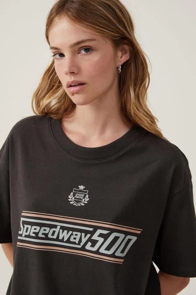 Women Tops Cotton On The Oversized Graphic Tee Speedway 500 Washed Black
