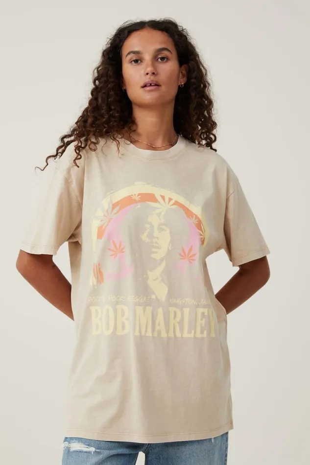 Women Tops Cotton On The Oversized Hip Hop Tee Lcn Br Bob Marley Rootsmid Taupe