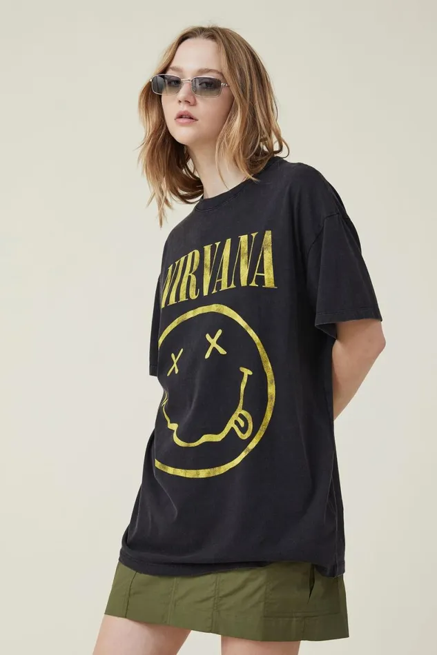 Women Tops Cotton On The Oversized Nirvana Tee Lcn Mt Nirvana Face Logo Washed Black Women Tops Cotton On The Oversized Nirvana Tee Lcn Mt Nirvana Face Logo Washed Black