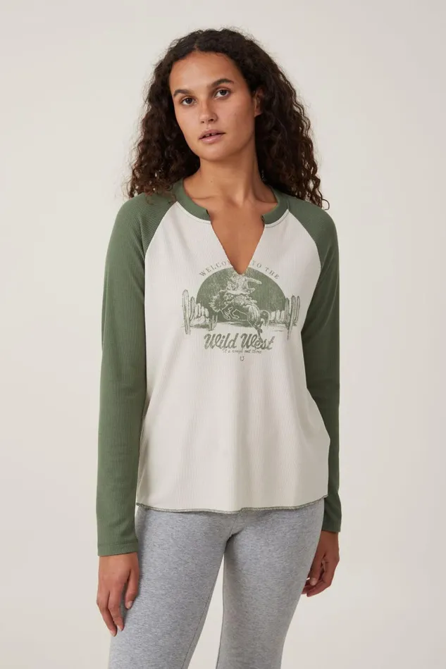 Women Tops Cotton On Waffle Raglan Graphic Longsleeve Welcome To The Wild Westwashed Apline Stone