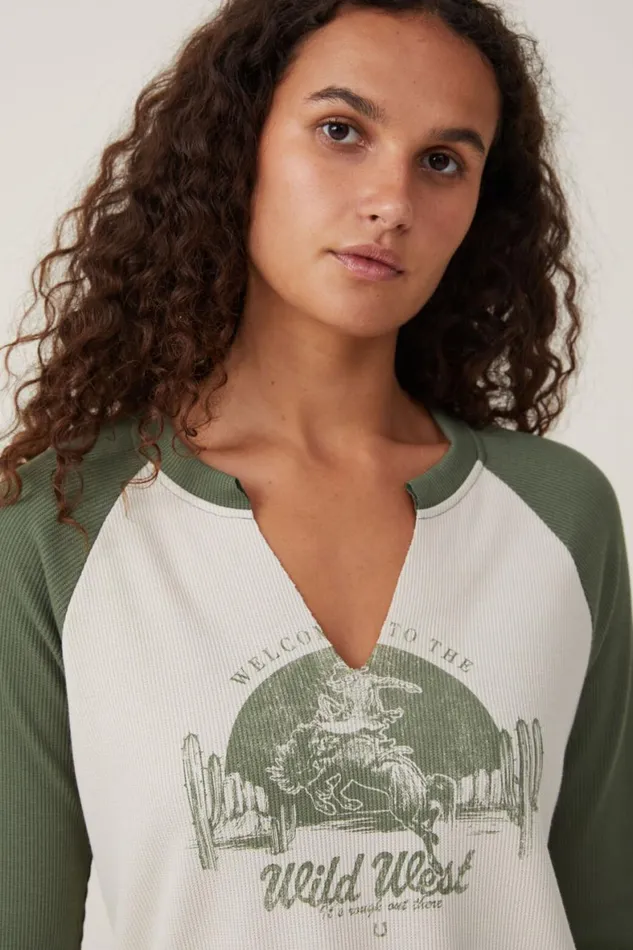 Women Tops Cotton On Waffle Raglan Graphic Longsleeve Welcome To The Wild Westwashed Apline Stone