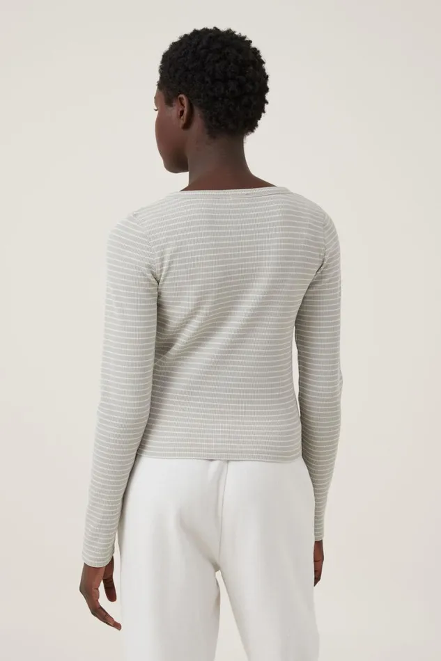 Women Tops Cotton On Willa Waffle Long Sleeve Top Chloe Stripe Desert Sageporcelain