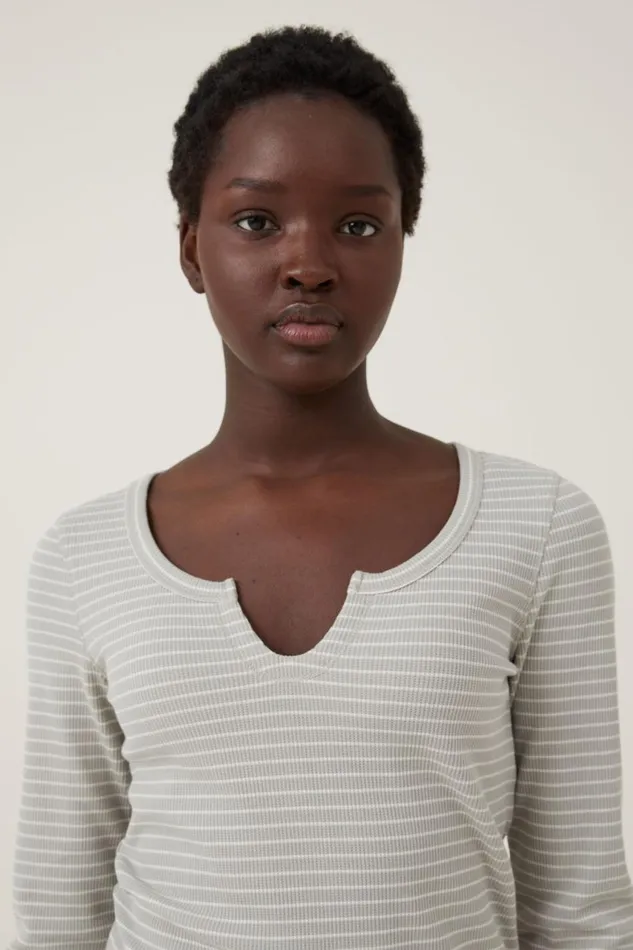Women Tops Cotton On Willa Waffle Long Sleeve Top Chloe Stripe Desert Sageporcelain