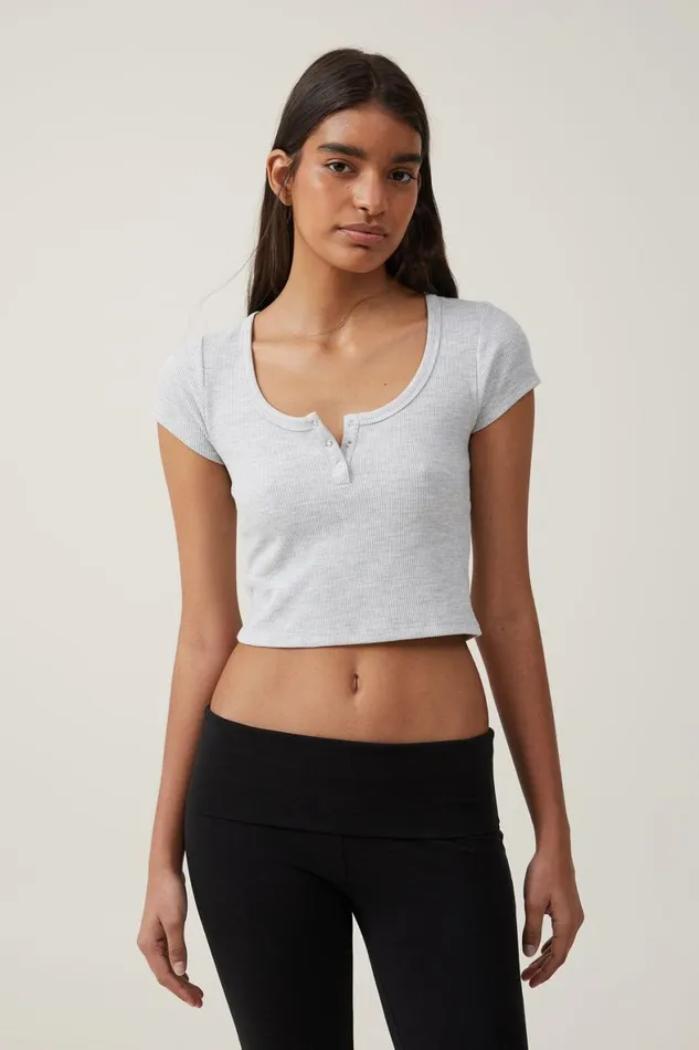 Women Tops Cotton On Willa Waffle Short Sleeve Henley Grey Marle