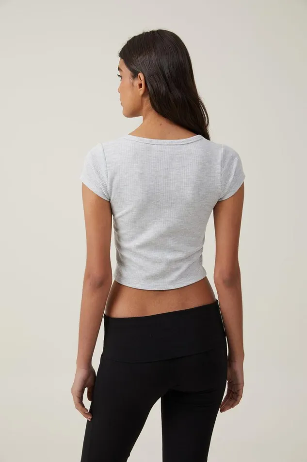 Women Tops Cotton On Willa Waffle Short Sleeve Henley Grey Marle
