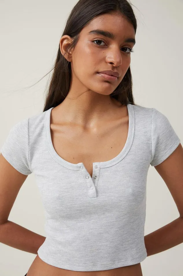 Women Tops Cotton On Willa Waffle Short Sleeve Henley Grey Marle