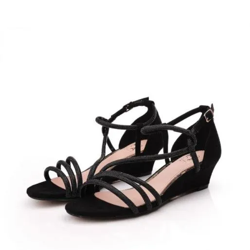 Yazmina Black Alcantara Women Moda In Pelle Wedge Sandals Yazmina Black Alcantara Women Moda In Pelle Wedge Sandals